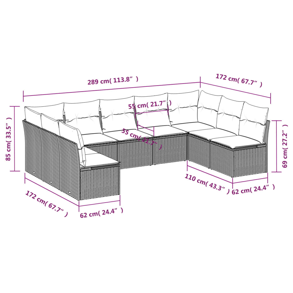 9-piece garden furniture set with black cushions in woven resin