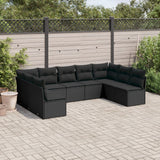 9-piece garden furniture set with black cushions in woven resin