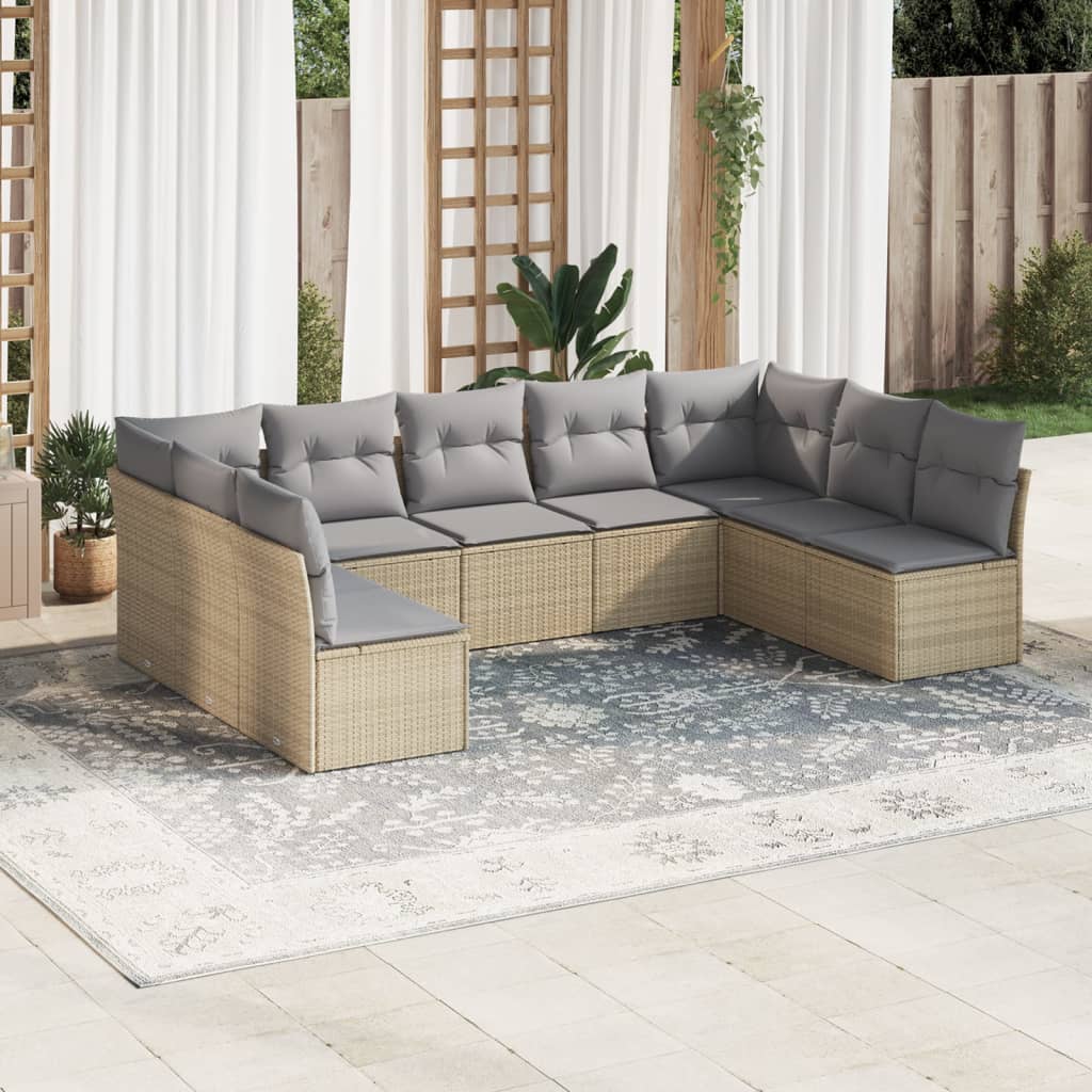 Salon de jardin avec coussins 9 pcs beige résine tressée