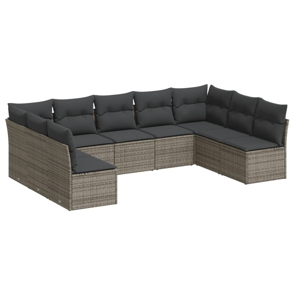 9-piece garden furniture set with grey cushions in woven resin