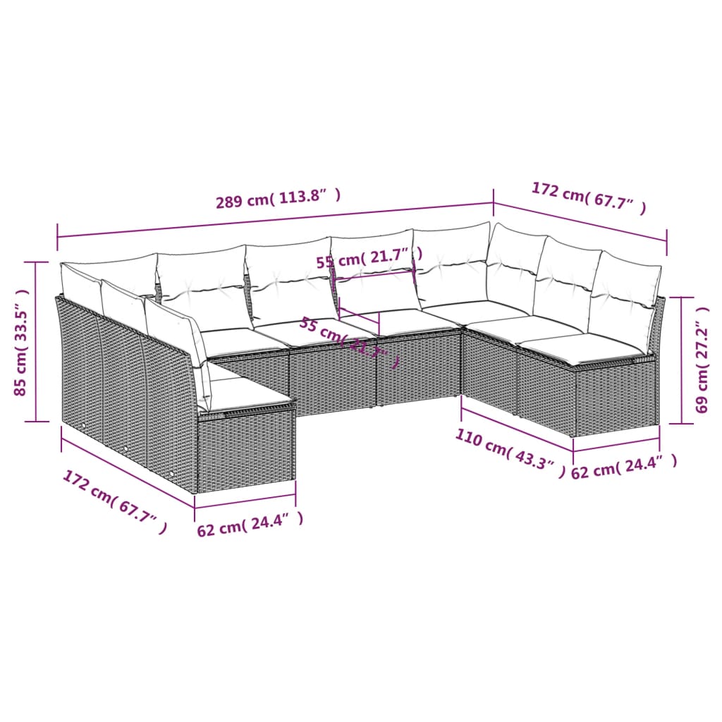 9-piece garden furniture set with grey cushions in woven resin