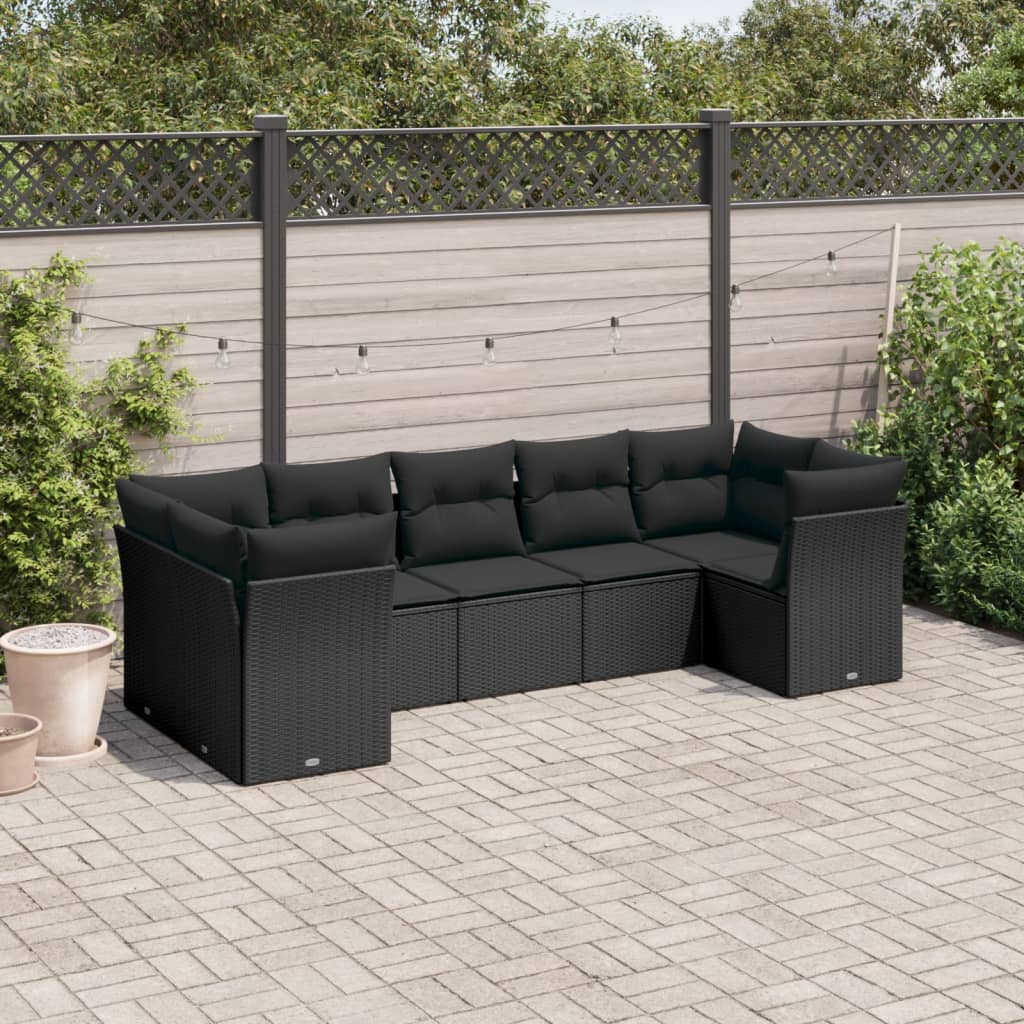 Salon de jardin 7 pcs avec coussins noir résine tressée