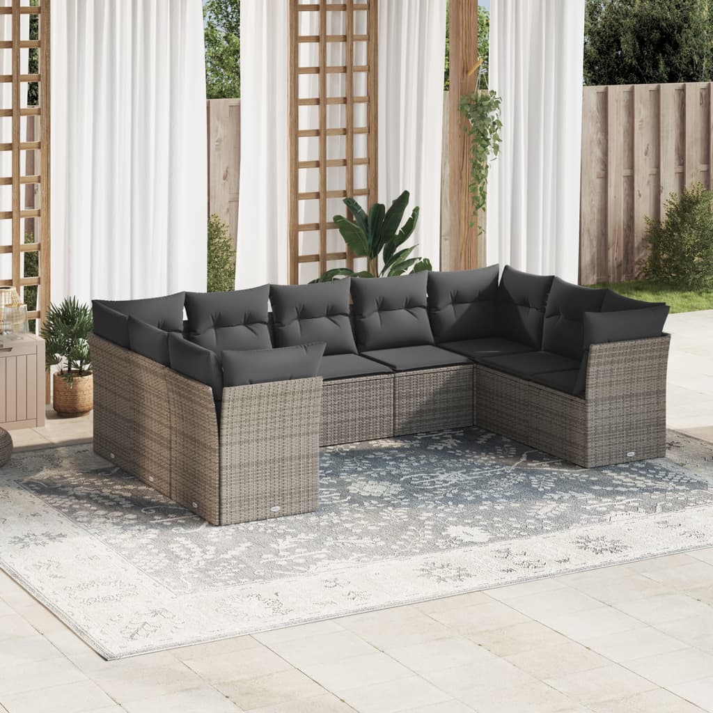 9-piece garden furniture set with grey cushions in woven resin