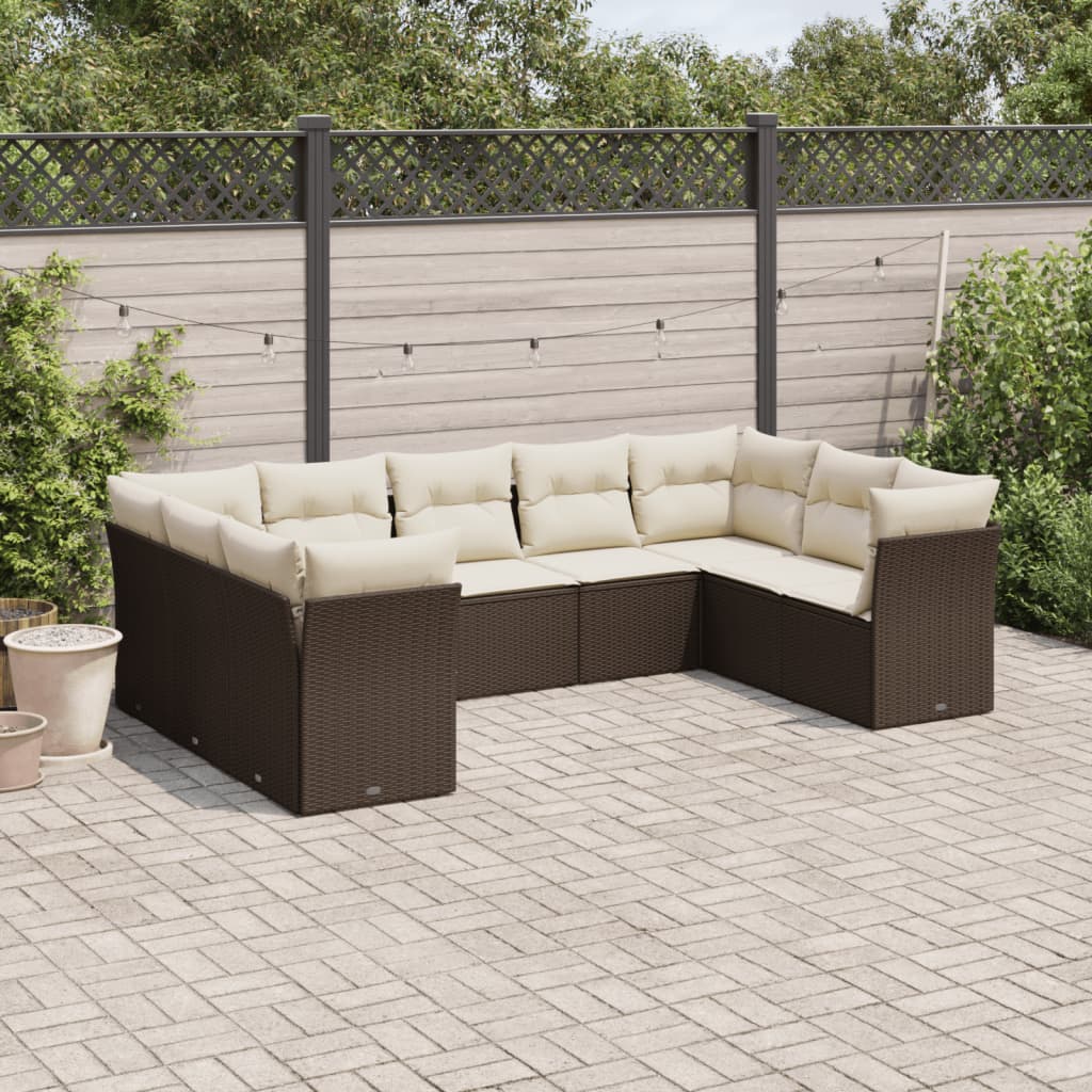 Salon de jardin avec coussins 9 pcs marron résine tressée