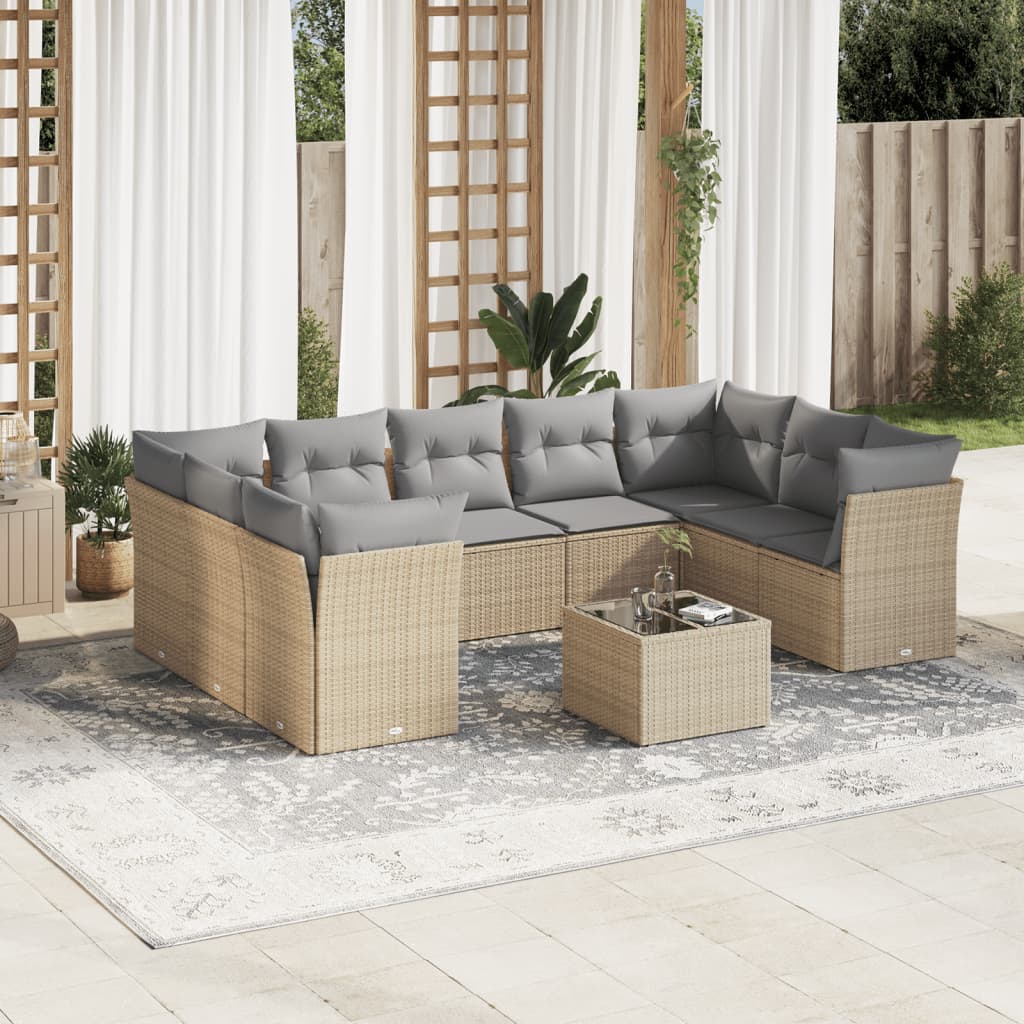 Salon de jardin avec coussins 10 pcs beige résine tressée