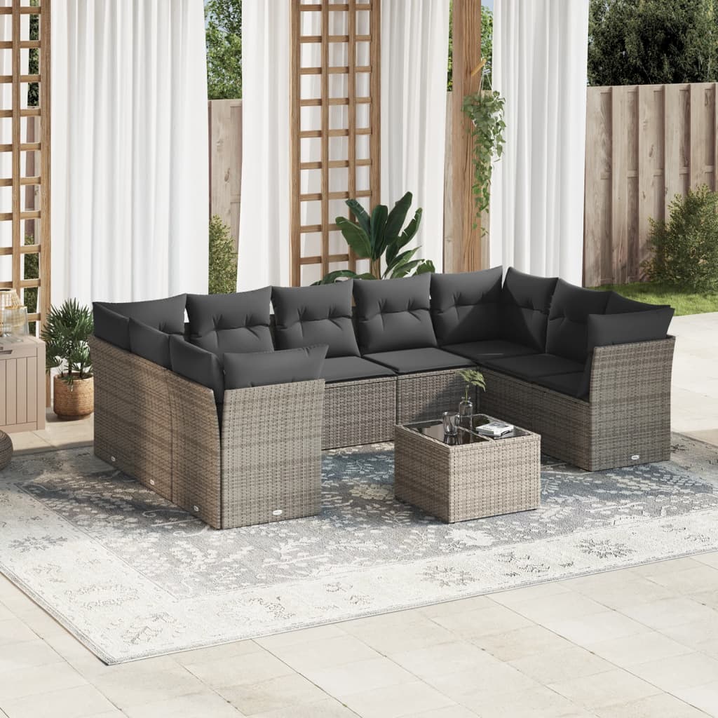 Salon de jardin avec coussins 10 pcs gris résine tressée