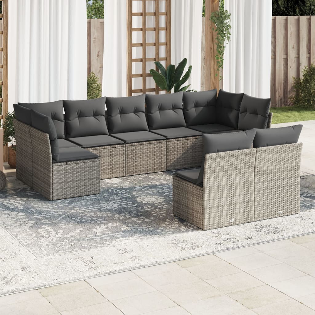 9-piece garden furniture set with grey cushions in woven resin