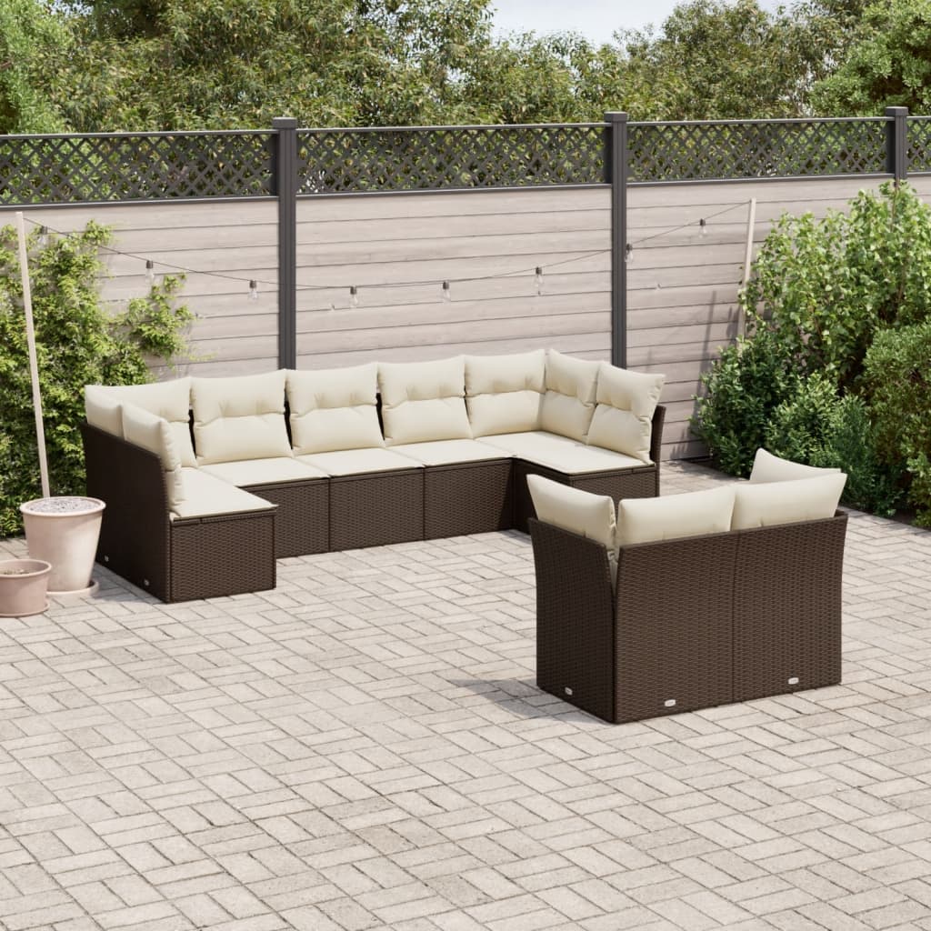 Salon de jardin avec coussins 9 pcs marron résine tressée