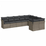 9-piece garden furniture set with grey cushions in woven resin