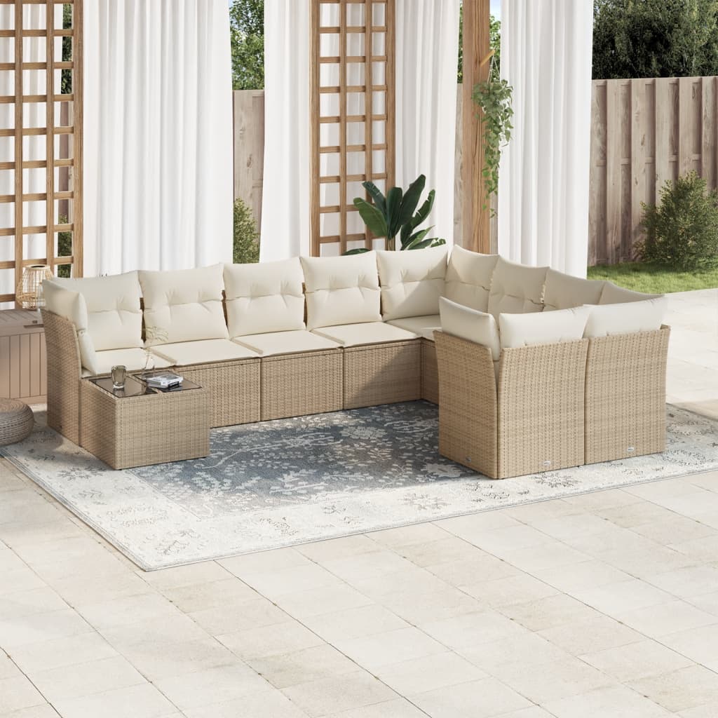 Salon de jardin avec coussins 10 pcs beige résine tressée