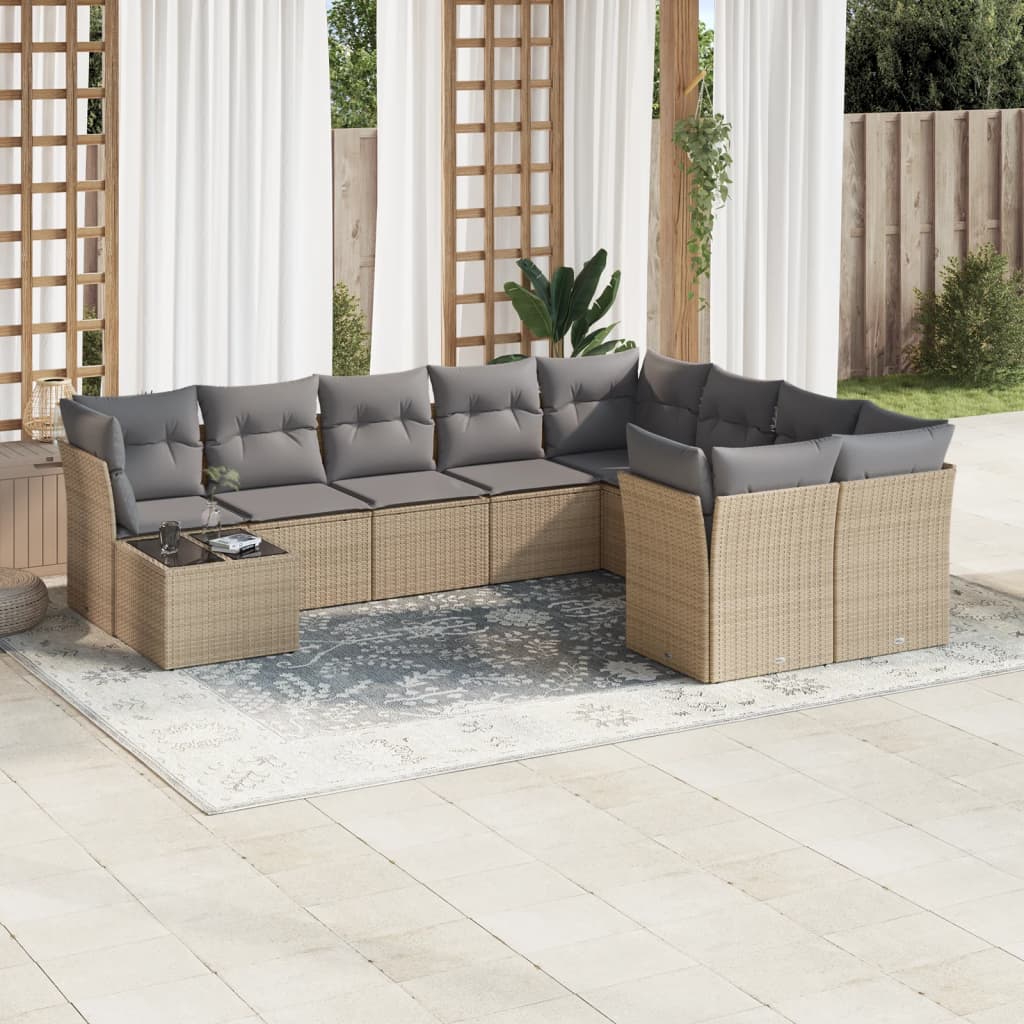 Salon de jardin avec coussins 10 pcs beige résine tressée