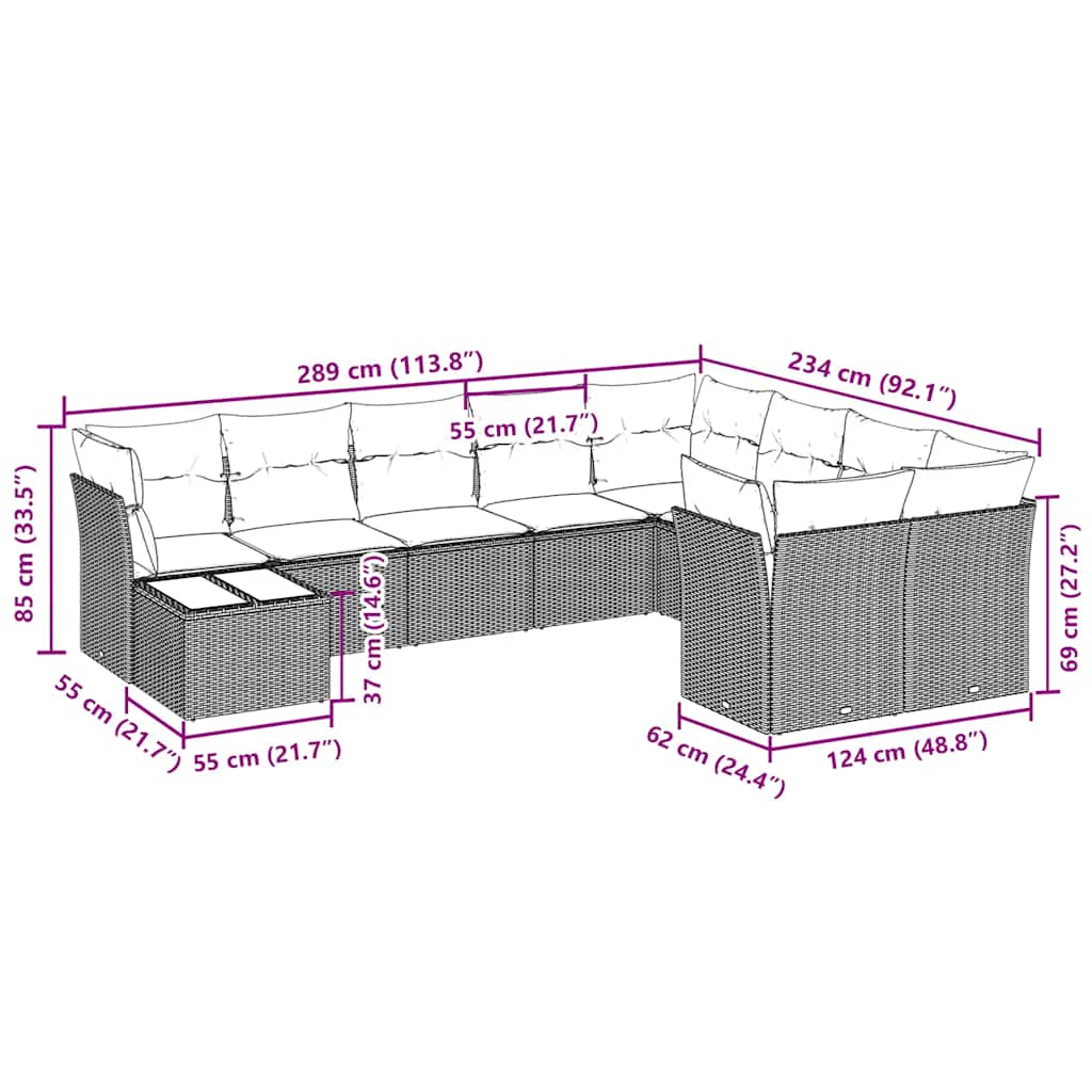 Salon de jardin avec coussins 10 pcs gris clair résine tressée