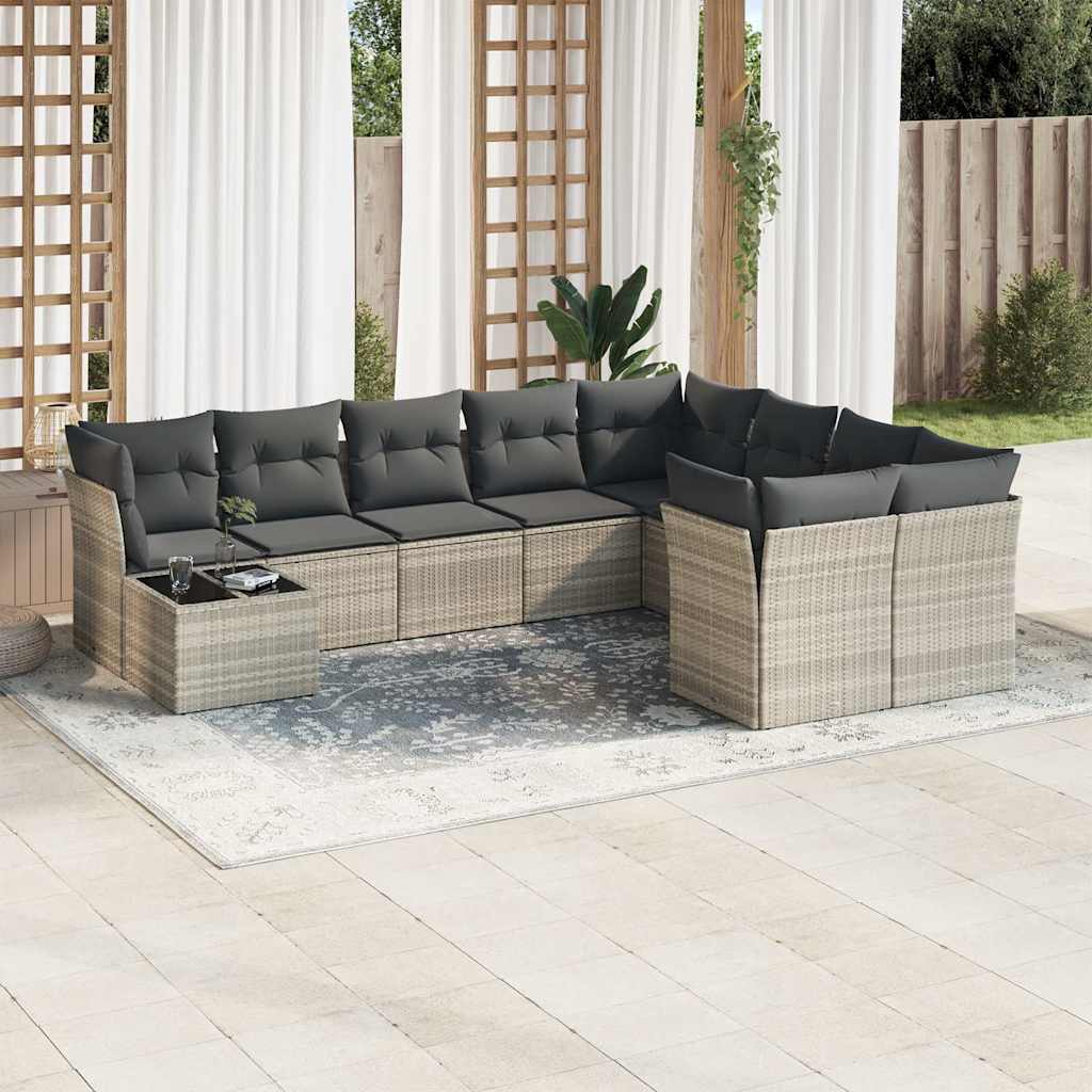 Salon de jardin avec coussins 10 pcs gris clair résine tressée