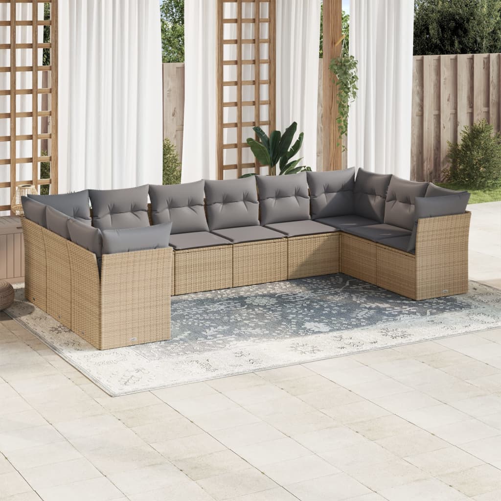 Salon de jardin avec coussins 10 pcs beige résine tressée