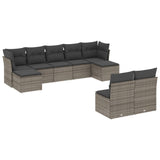 9-piece garden furniture set with grey cushions in woven resin