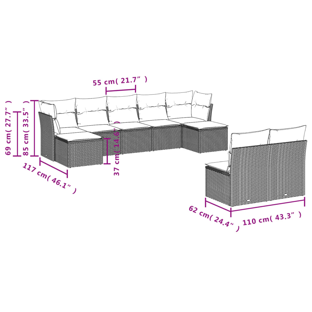 9-piece garden furniture set with grey cushions in woven resin