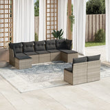 9-piece garden furniture set with grey cushions in woven resin