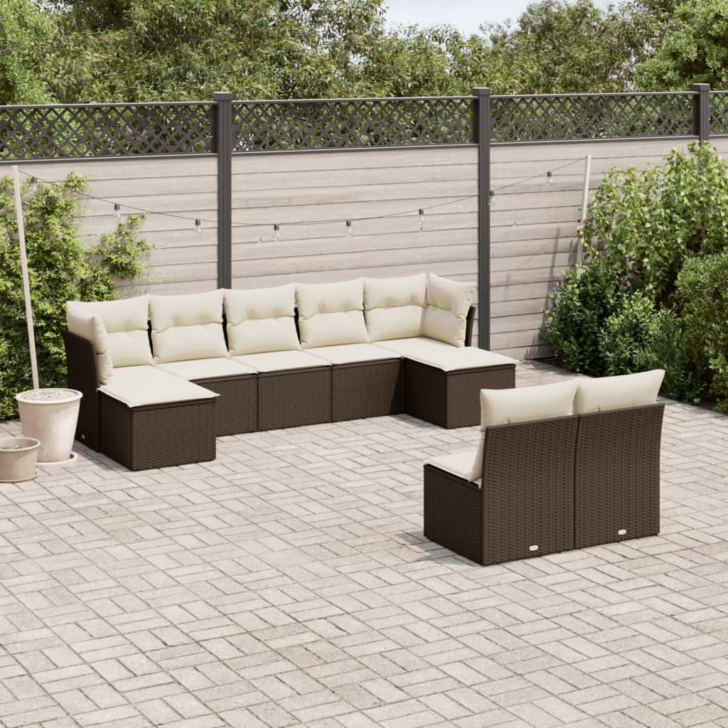 Salon de jardin avec coussins 9 pcs marron résine tressée