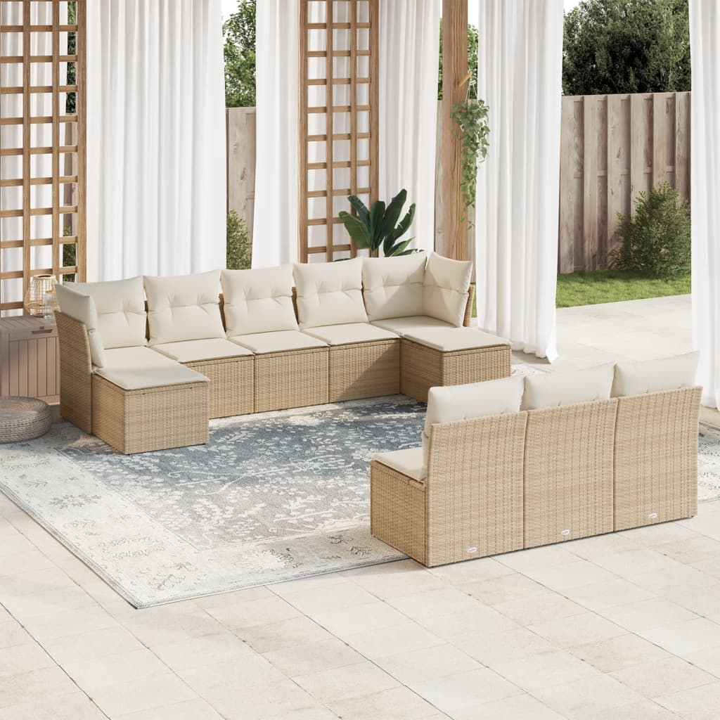 Salon de jardin avec coussins 10 pcs beige résine tressée