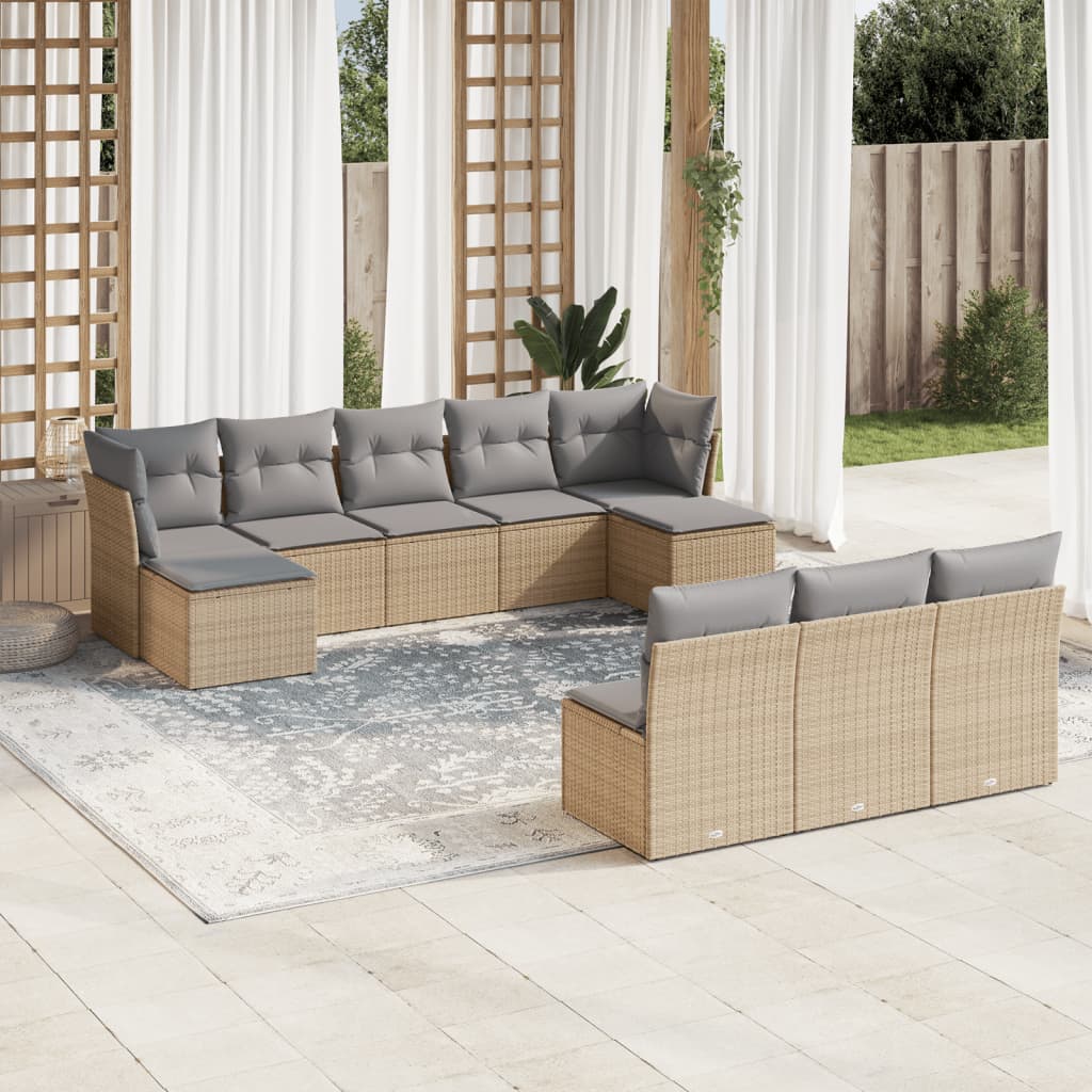 Salon de jardin avec coussins 10 pcs beige résine tressée