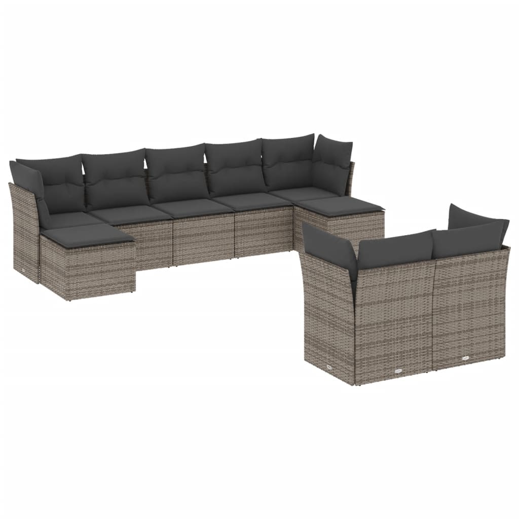 9-piece garden furniture set with grey cushions in woven resin