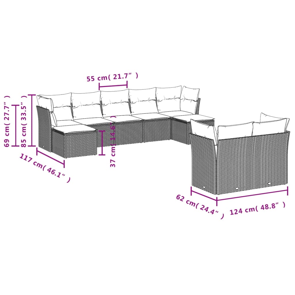 9-piece garden furniture set with grey cushions in woven resin