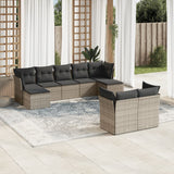 9-piece garden furniture set with grey cushions in woven resin