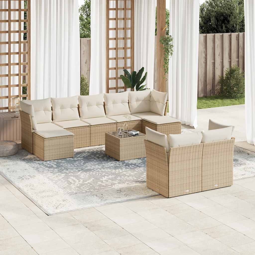 Salon de jardin avec coussins 10 pcs beige résine tressée