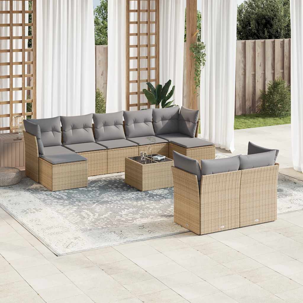 Salon de jardin avec coussins 10 pcs beige résine tressée