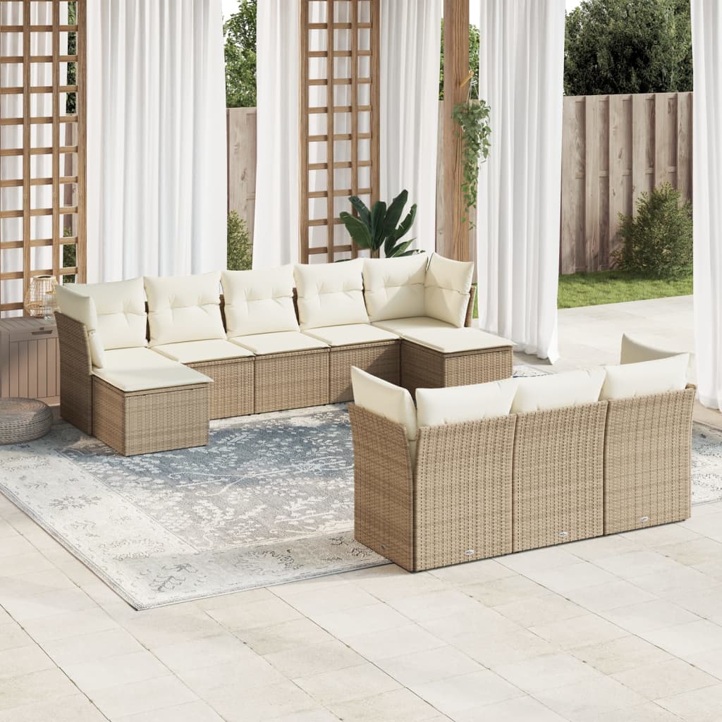 Salon de jardin avec coussins 10 pcs beige résine tressée