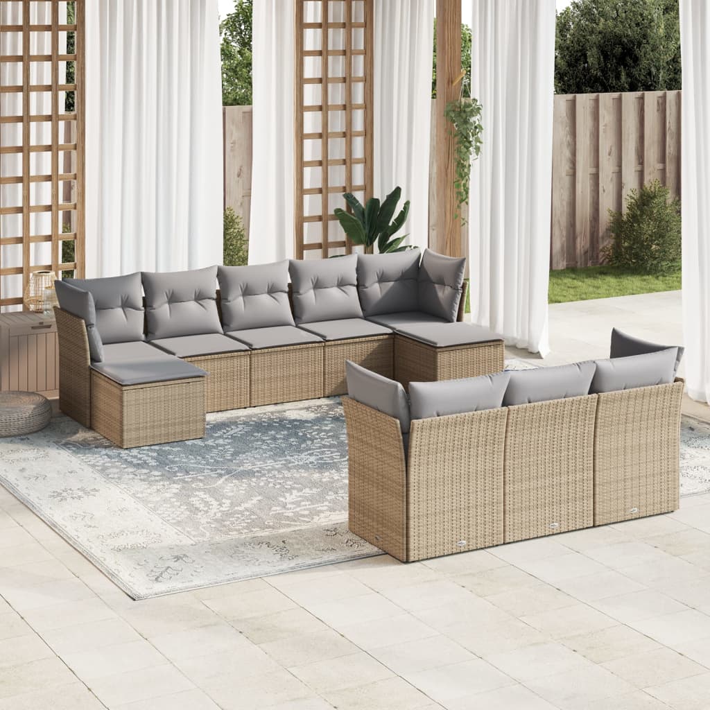 Garden furniture set with cushions 10 pcs beige woven resin