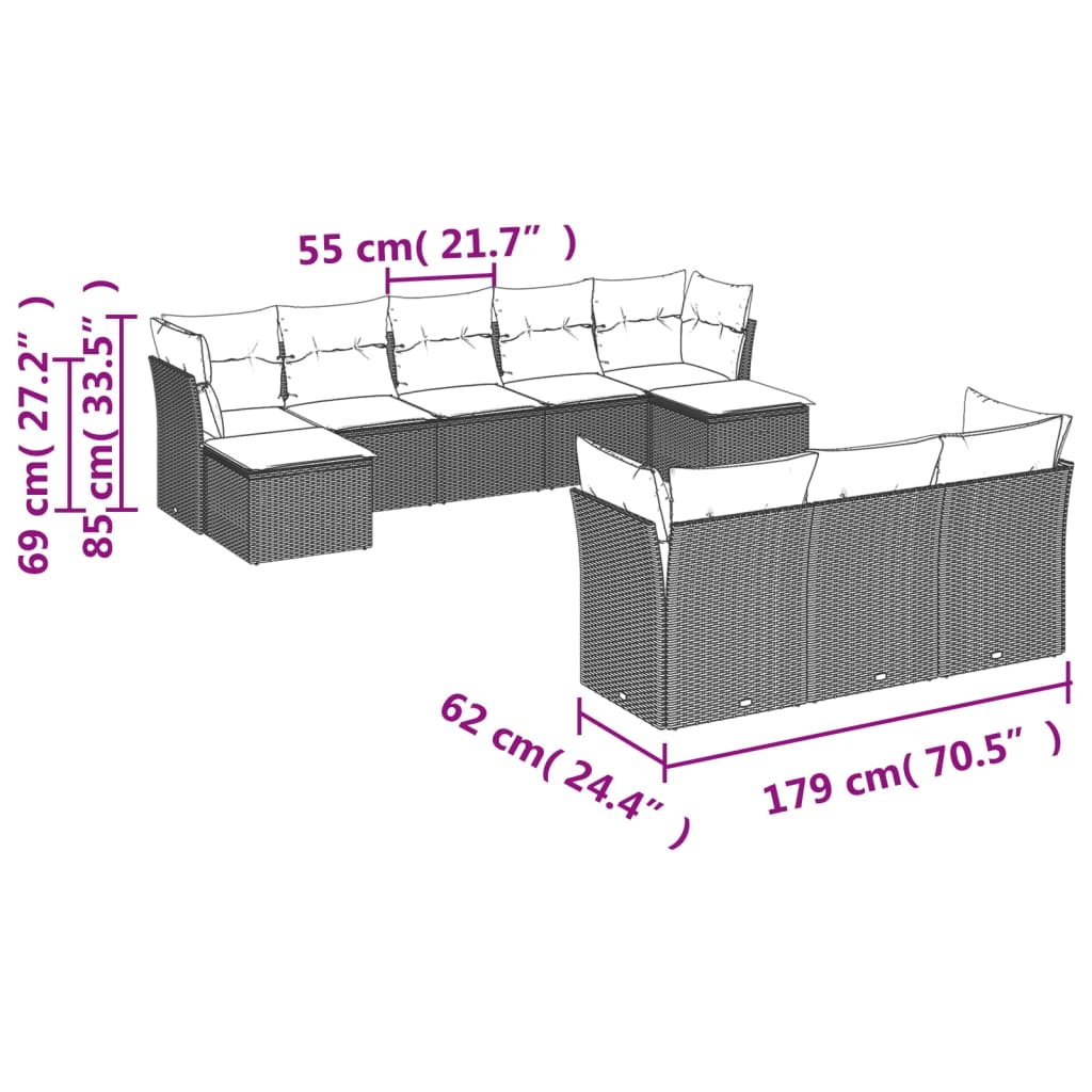 Salon de jardin avec coussins 10 pcs gris résine tressée