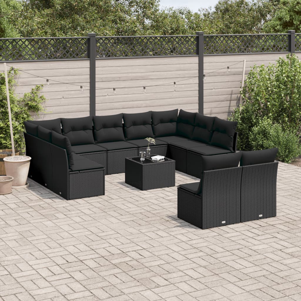 Salon de jardin 12 pcs avec coussins noir résine tressée