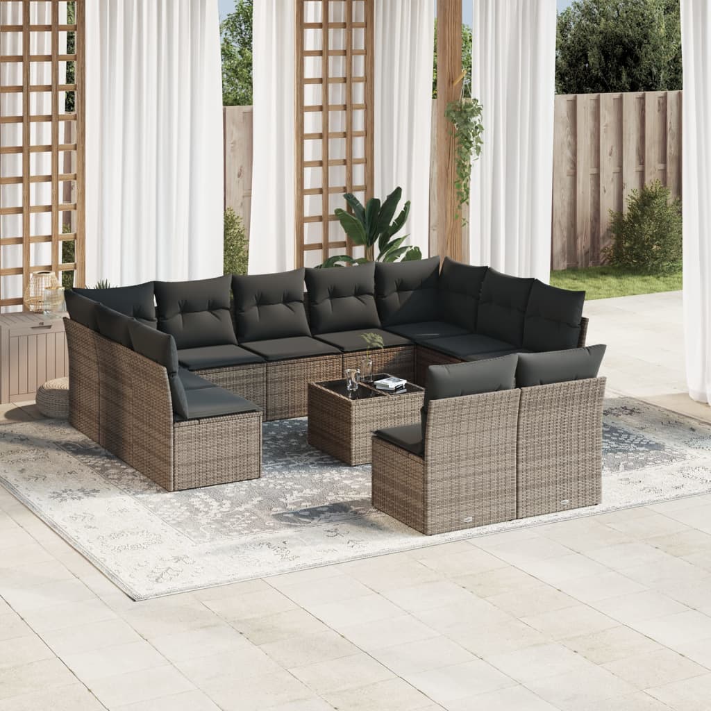 Salon de jardin avec coussins 12 pcs gris résine tressée