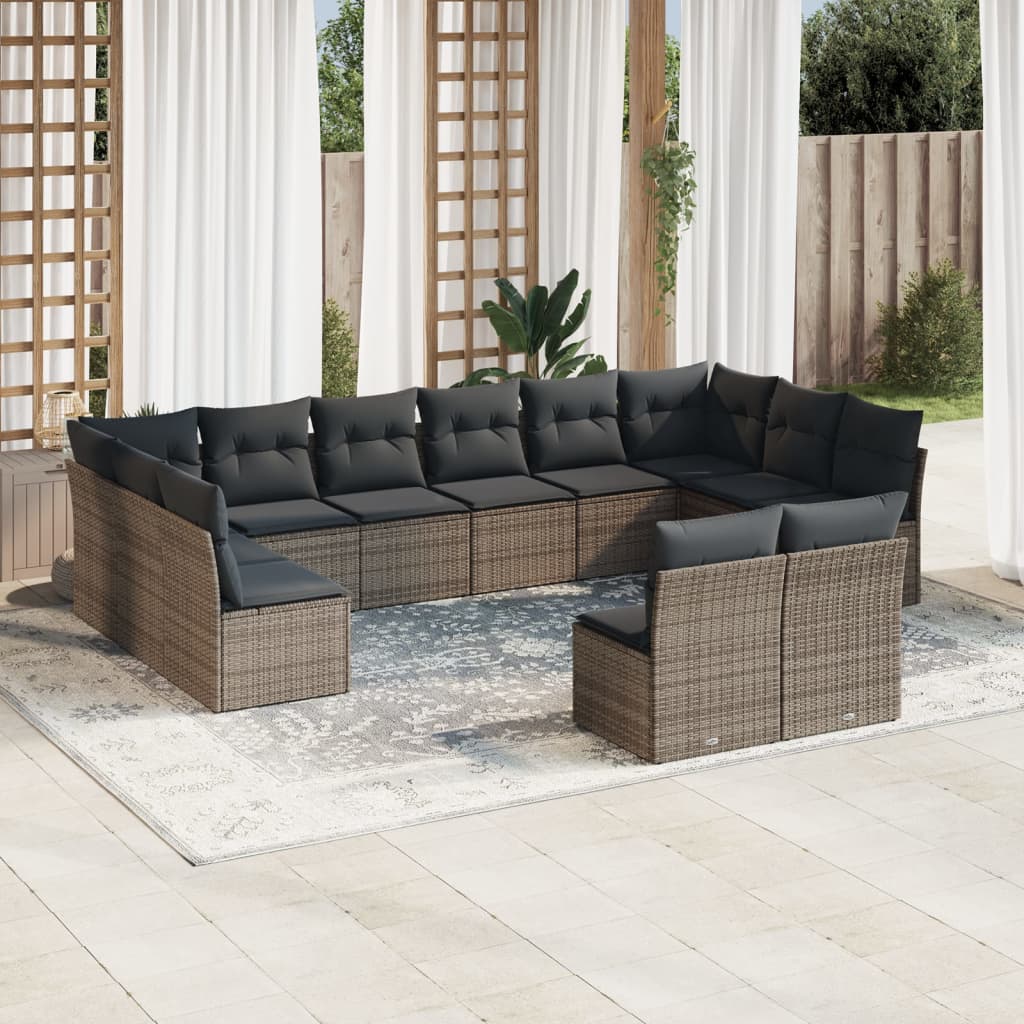 Salon de jardin avec coussins 12 pcs gris résine tressée