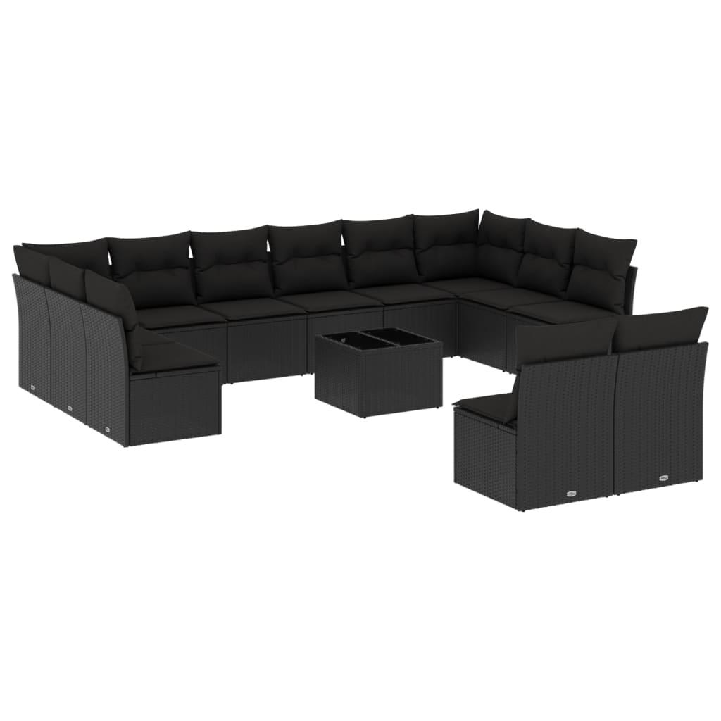 Salon de jardin avec coussins 13 pcs noir résine tressée