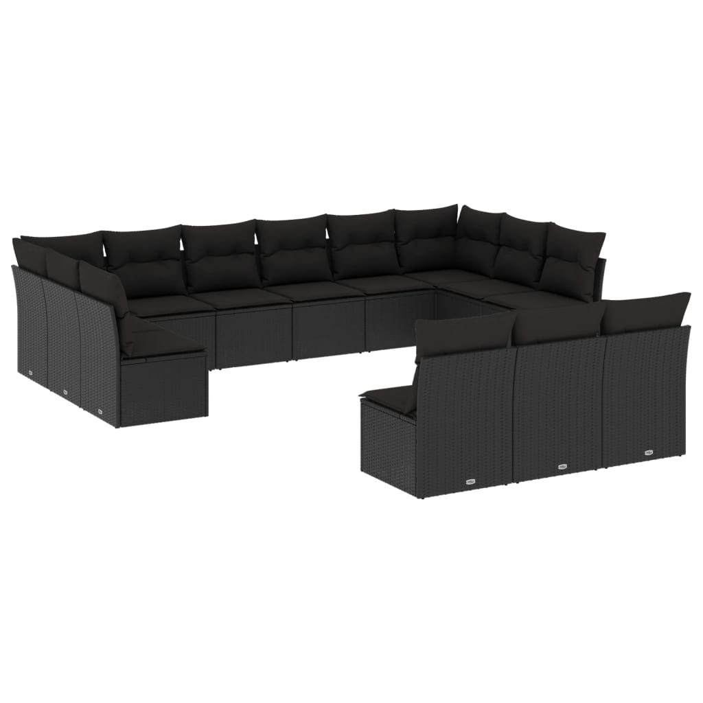 Salon de jardin avec coussins 13 pcs noir résine tressée