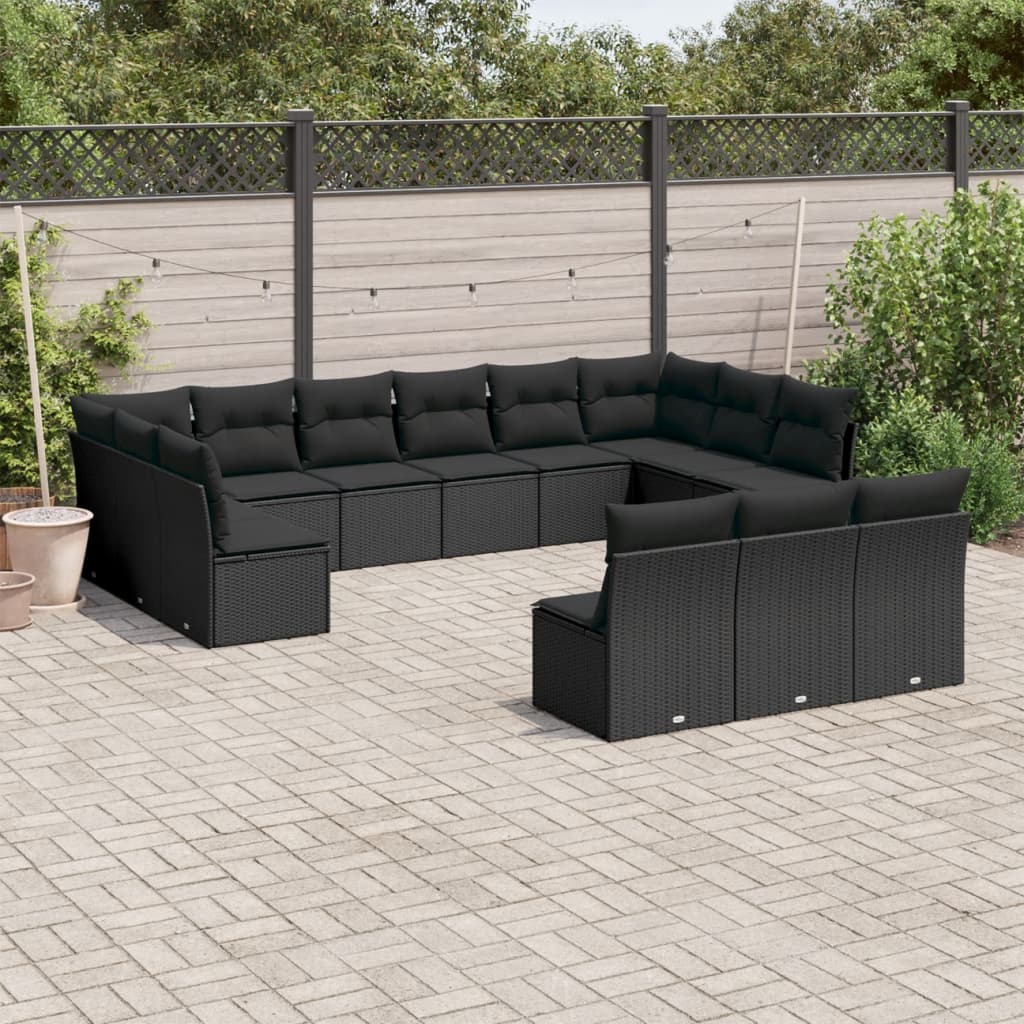 Salon de jardin avec coussins 13 pcs noir résine tressée