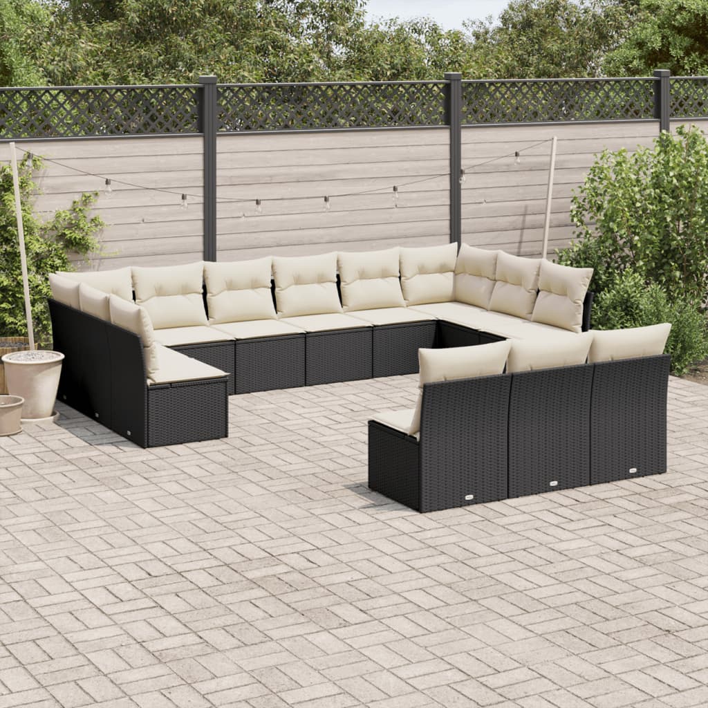 Salon de jardin avec coussins 13 pcs noir résine tressée