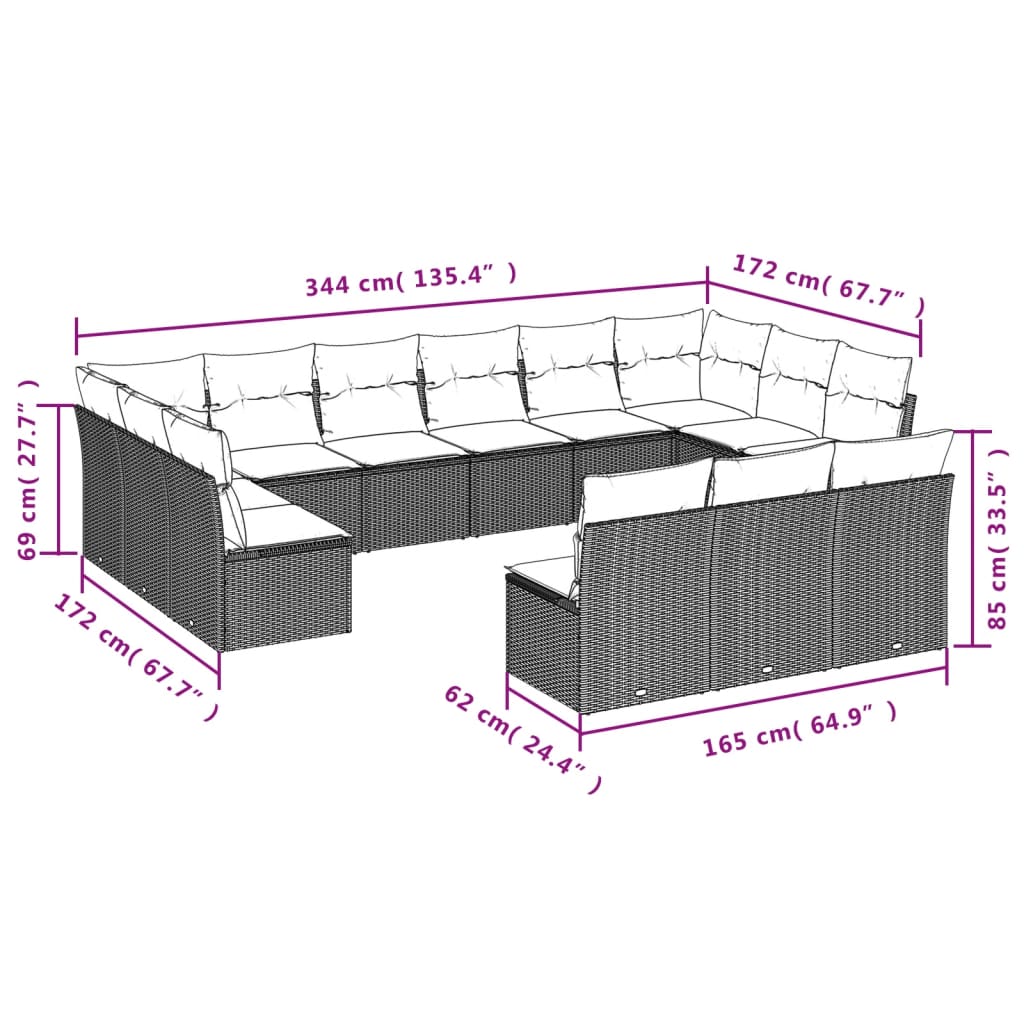 Salon de jardin avec coussins 13 pcs marron résine tressée