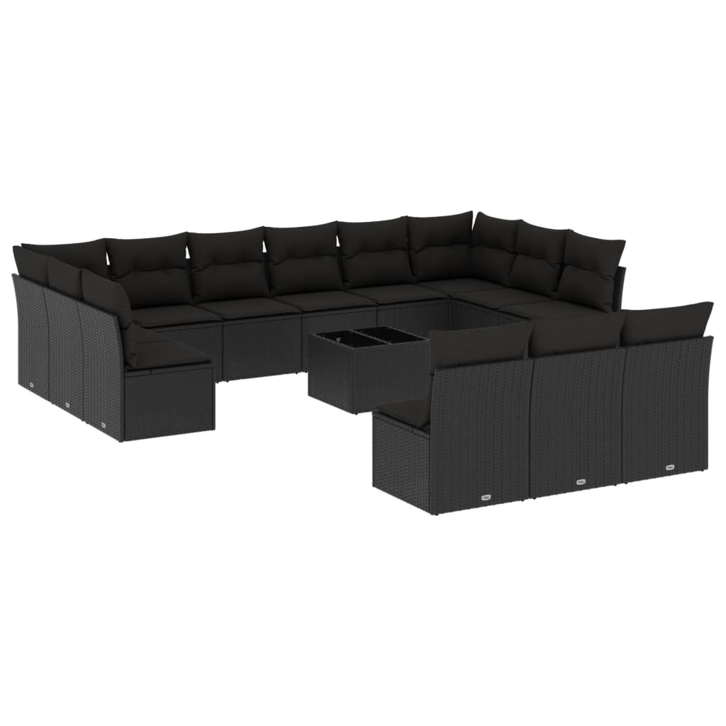 Salon de jardin avec coussins 14 pcs noir résine tressée