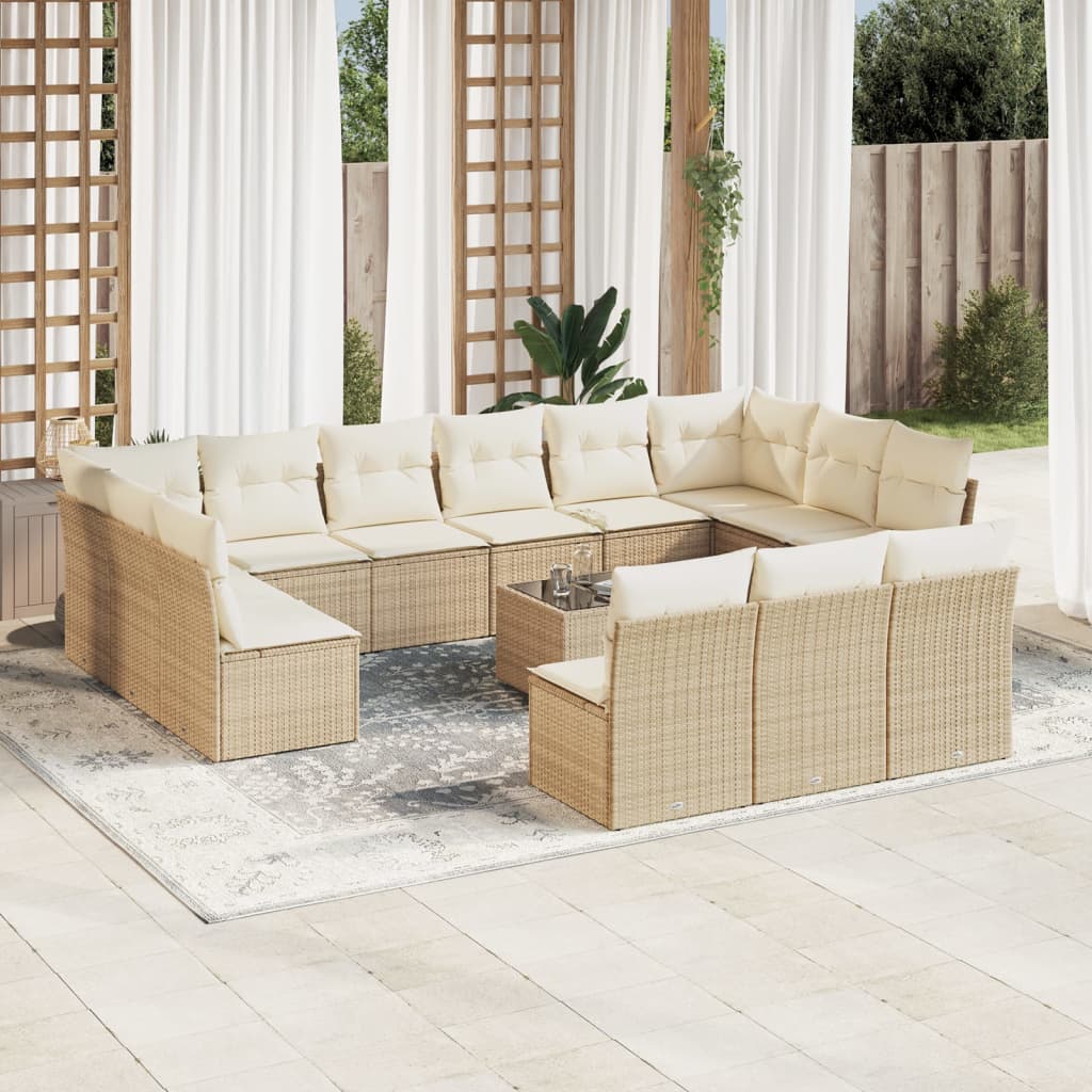 Salon de jardin avec coussins 14 pcs beige résine tressée