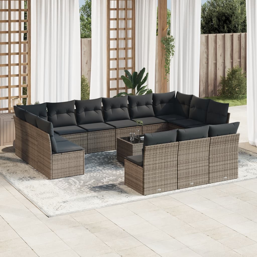 Salon de jardin avec coussins 14 pcs gris résine tressée