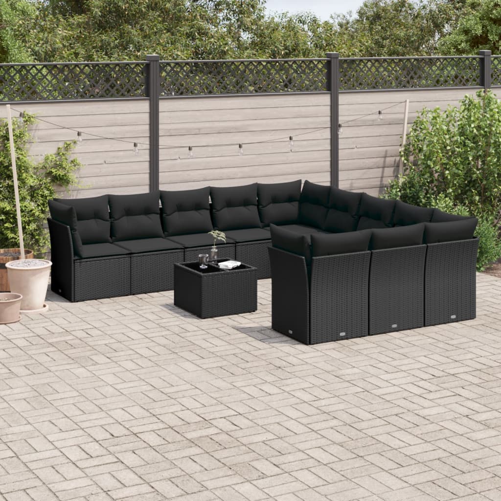 Salon de jardin 12 pcs avec coussins noir résine tressée