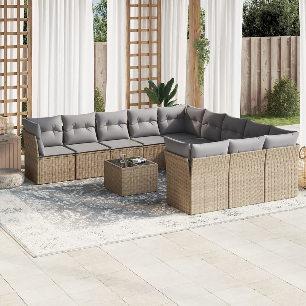 Salon de jardin avec coussins 12 pcs beige résine tressée