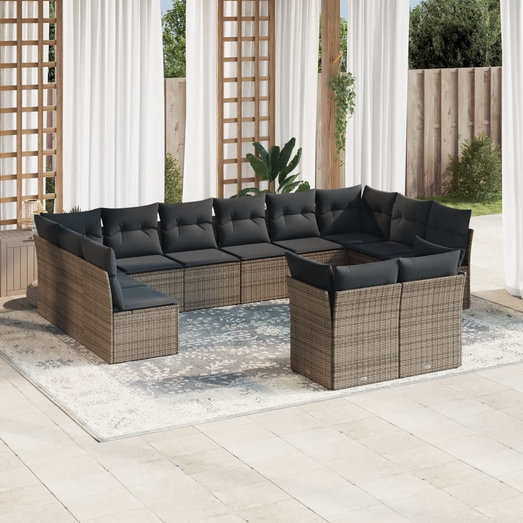 Salon de jardin avec coussins 12 pcs gris résine tressée