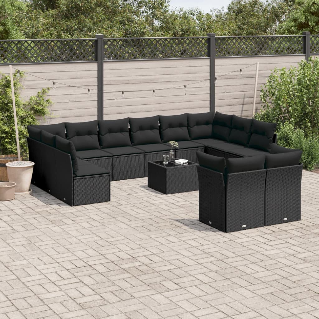 Salon de jardin avec coussins 13 pcs noir résine tressée