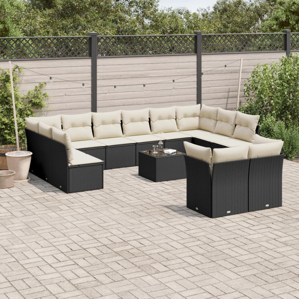 Salon de jardin avec coussins 13 pcs noir résine tressée