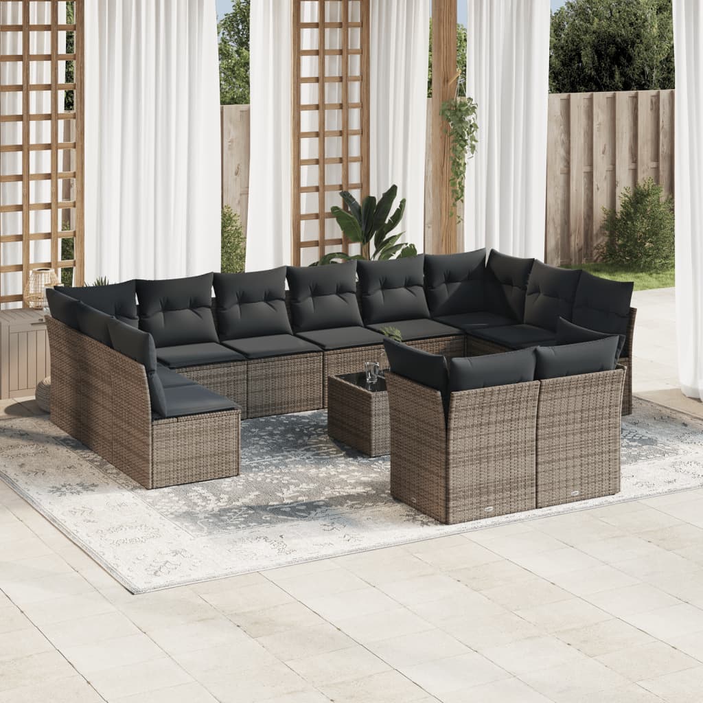 Salon de jardin avec coussins 13 pcs gris résine tressée