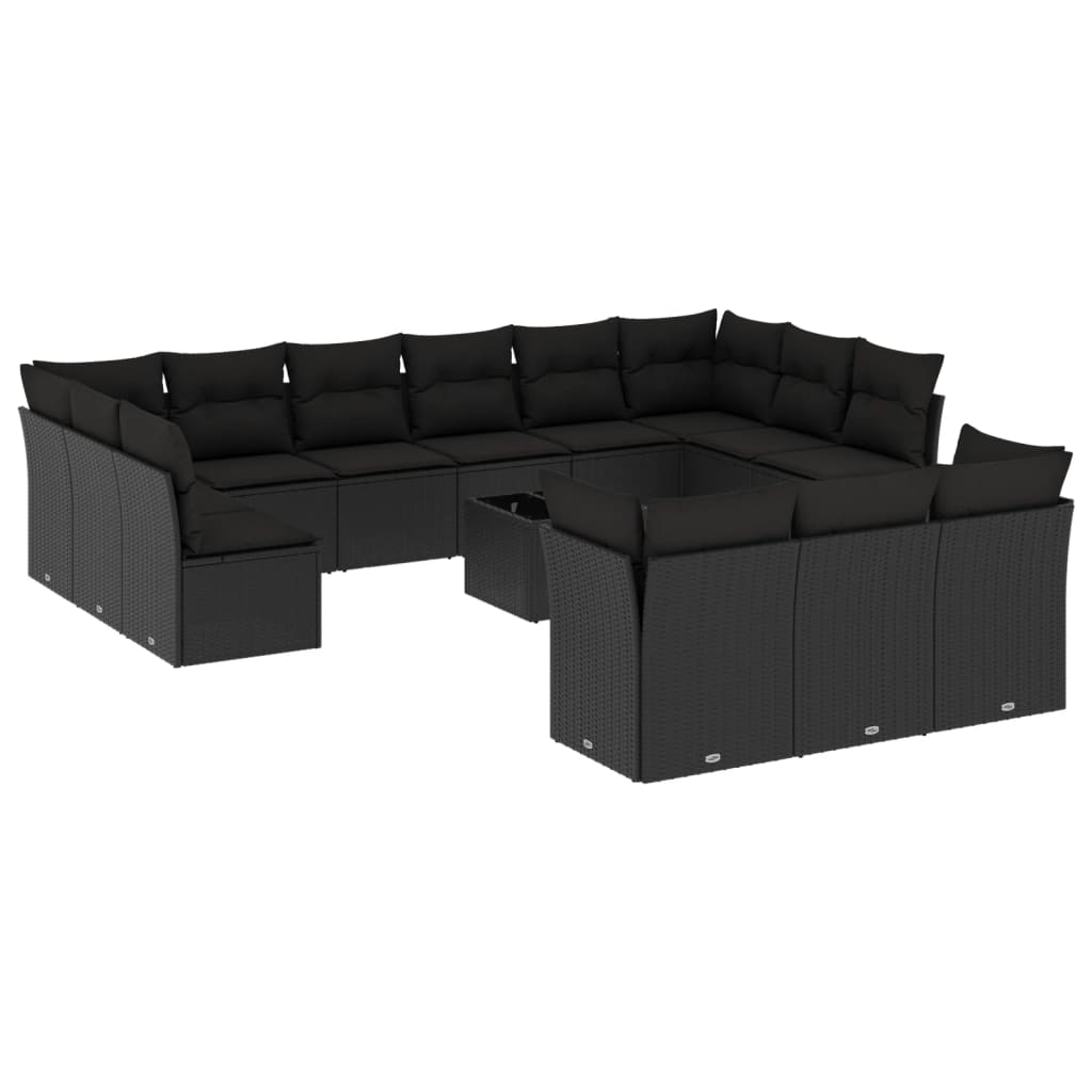 Salon de jardin avec coussins 14 pcs noir résine tressée